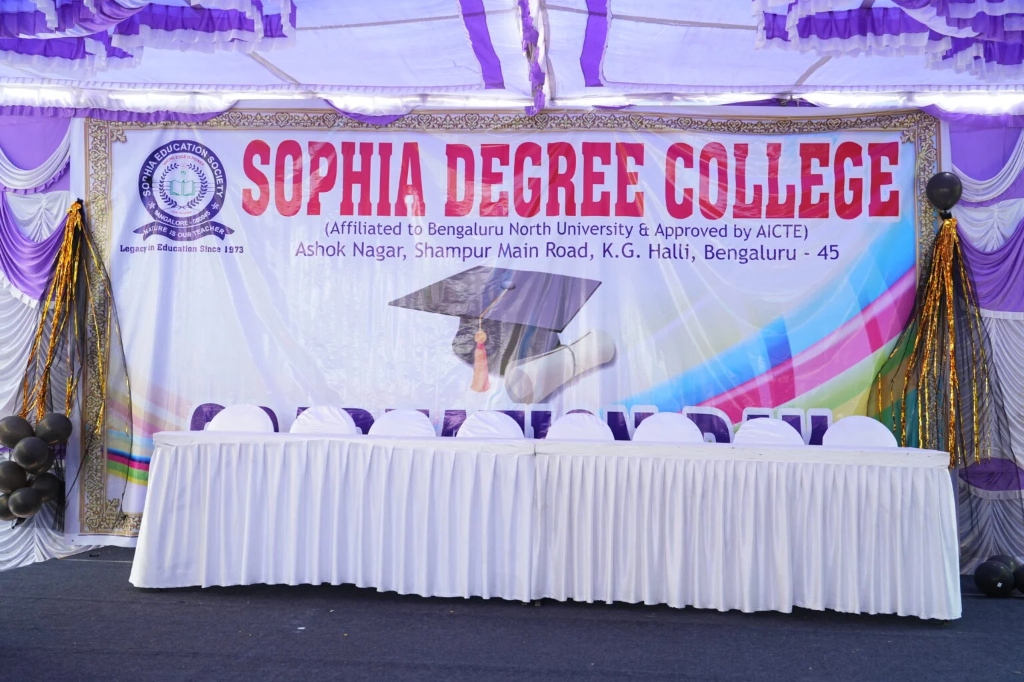 The graduation day stage setup with a banner for Sophia Degree College.